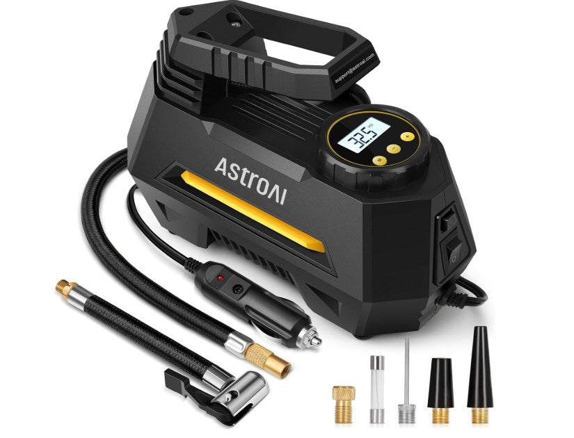 AstroAI Tire Inflator Portable Air Compressor Tire Air Pump for Car Tires - Car Accessories, 12V DC Auto Pump with Digital Pressure Gauge, Emergency LED Light for Bicycle, Balloons, Yellow