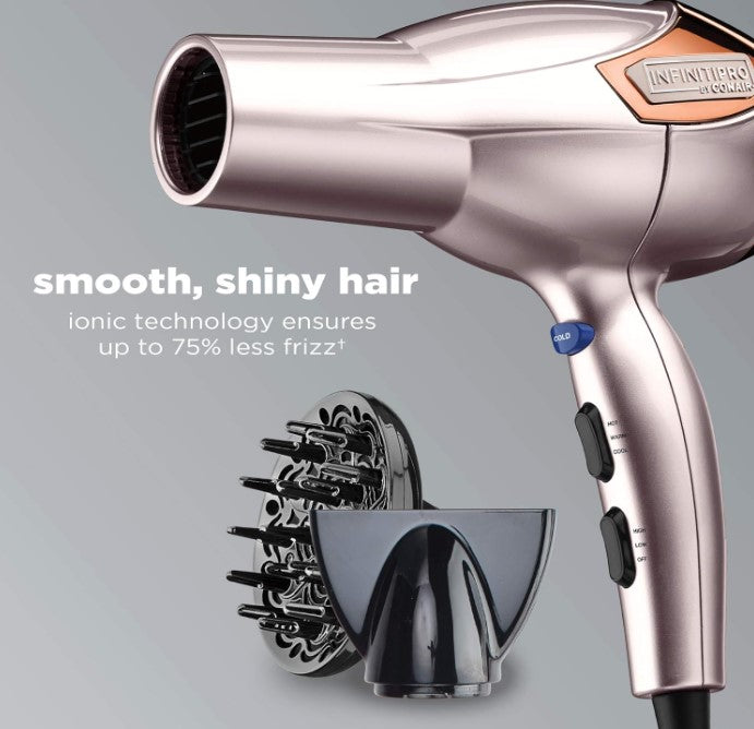 INFINITIPRO BY CONAIR Hair Dryer with Diffuser | Volume and Shine Pro AC Motor Blow Dryer | Includes Diffuser and Concentrator | Rose Gold